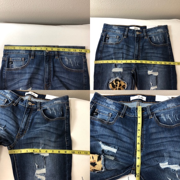 KanCan Stretchy Mid Rise Distress Ripped Leopard Patch Ankle Skinny Blue Jean 28 - Picture 11 of 15
